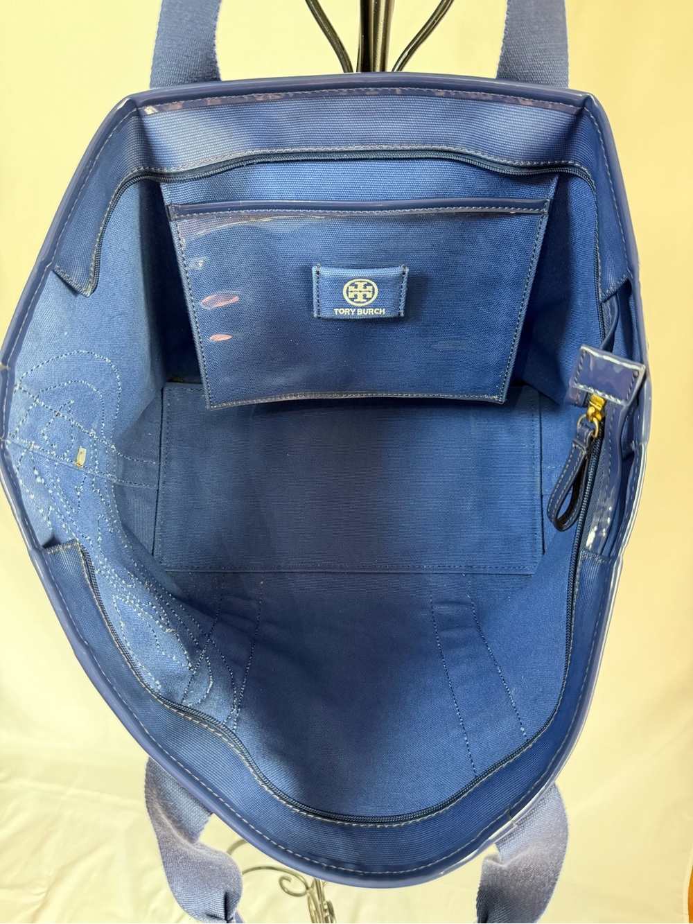 Tory Burch Navy Tote with Patent Logo Detail - Picture 3 of 10
